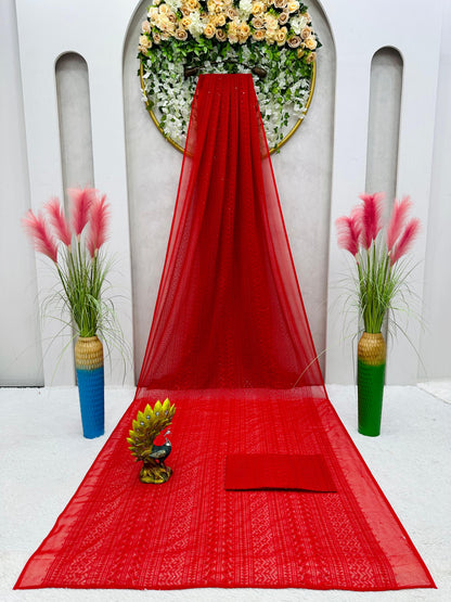 Attractive Red Color Georgette Thread Work Saree