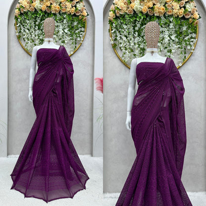 Attractive Red Color Georgette Thread Work Saree