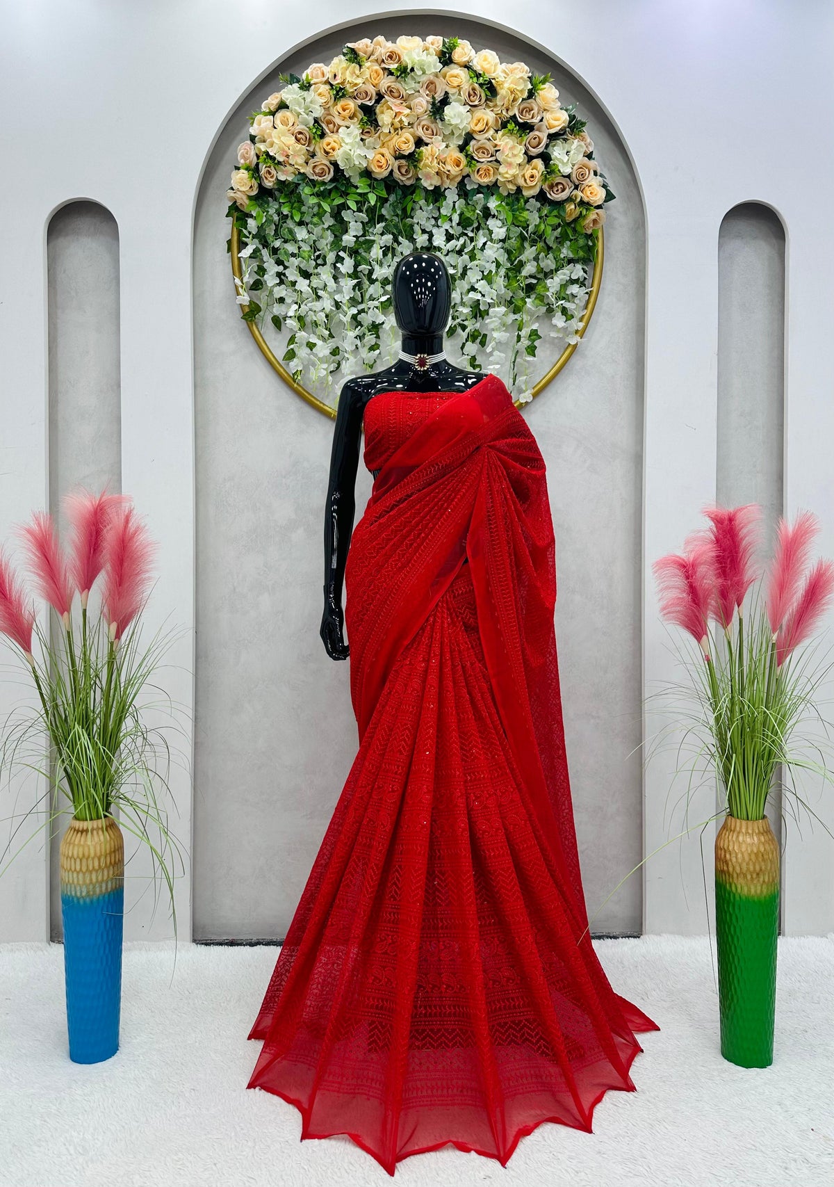 Attractive Red Color Georgette Thread Work Saree