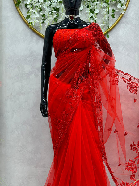 Red color Designer Soft Net Saree with blouse
