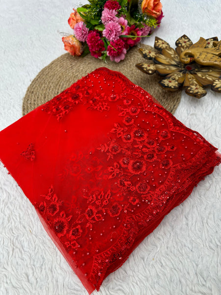 Red color Designer Soft Net Saree with blouse