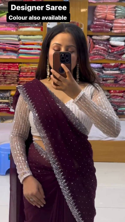 Wonderful Georgette Hot Fix Work Party Wear Saree Blouse