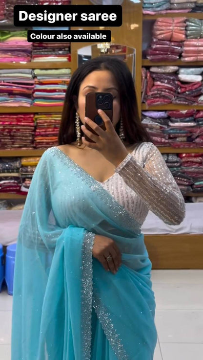 Wonderful Georgette Hot Fix Work Party Wear Saree Blouse