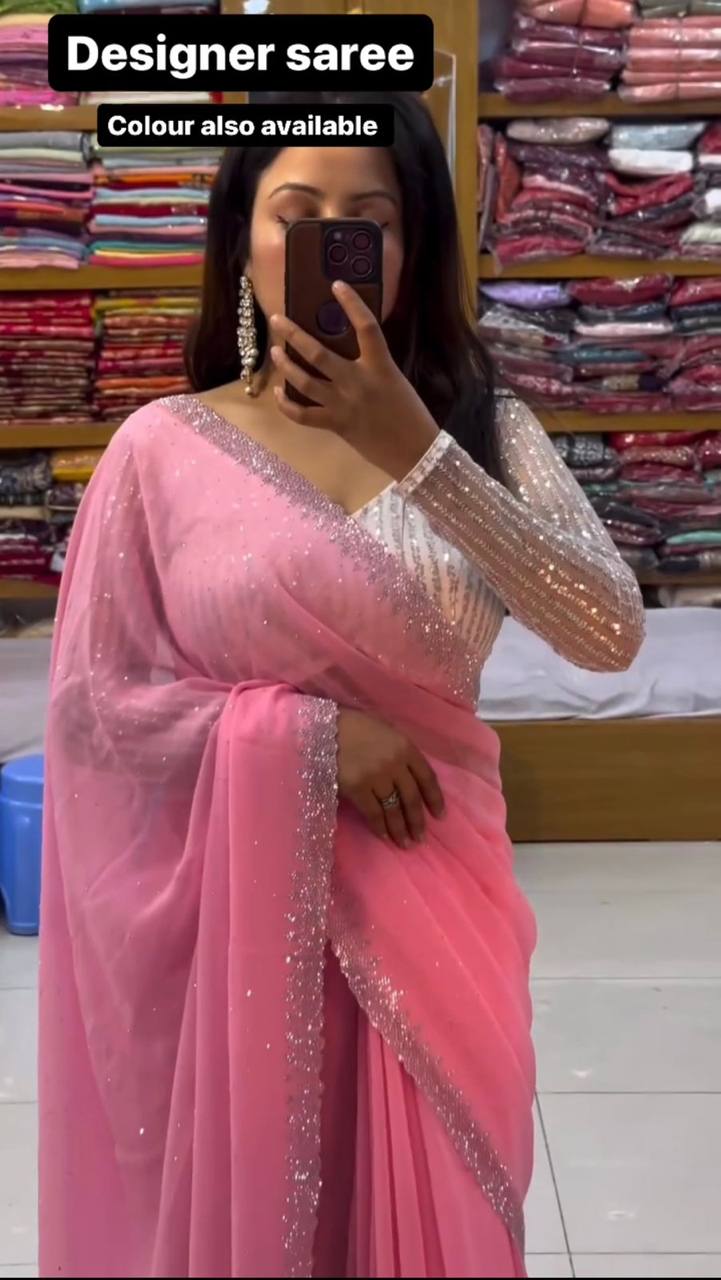 Wonderful Georgette Hot Fix Work Party Wear Saree Blouse
