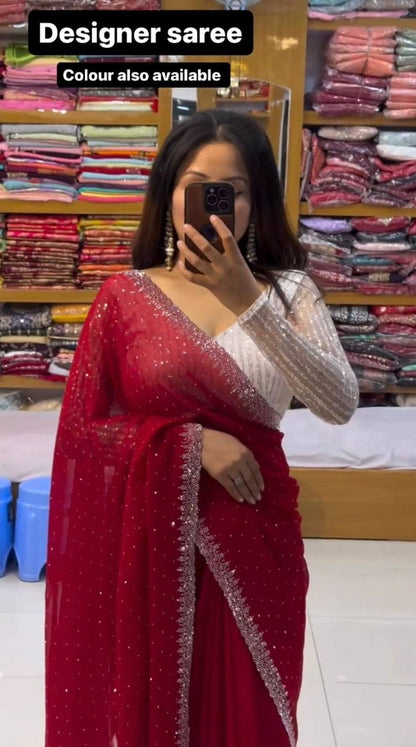 Wonderful Georgette Hot Fix Work Party Wear Saree Blouse