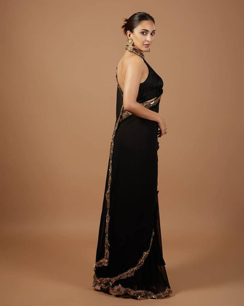 Elegant Black Color Georgette Sequence Thread Work Saree Blouse