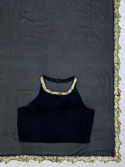Elegant Black Color Georgette Sequence Thread Work Saree Blouse