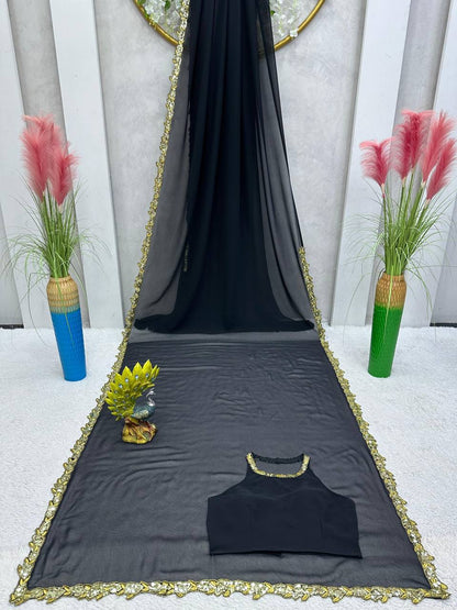 Elegant Black Color Georgette Sequence Thread Work Saree Blouse