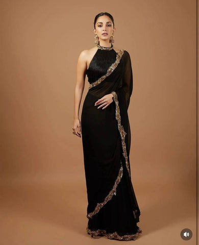 Elegant Black Color Georgette Sequence Thread Work Saree Blouse