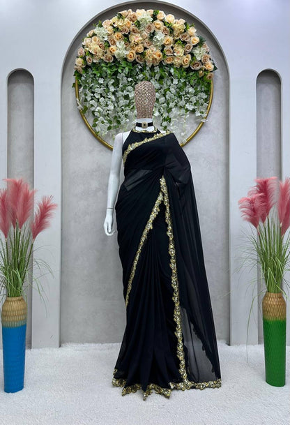 Elegant Black Color Georgette Sequence Thread Work Saree Blouse