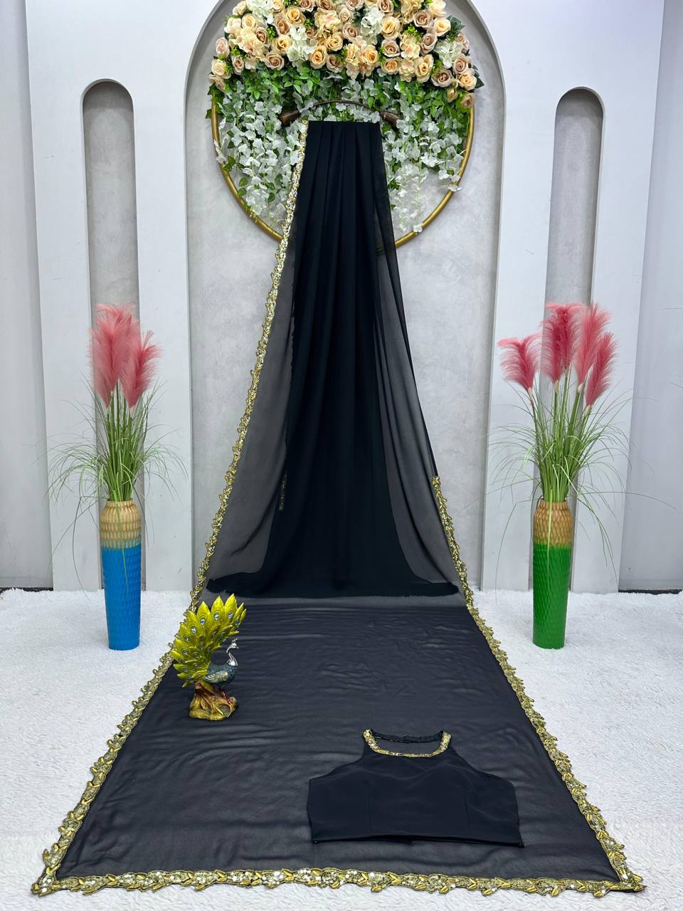 Elegant Black Color Georgette Sequence Thread Work Saree Blouse