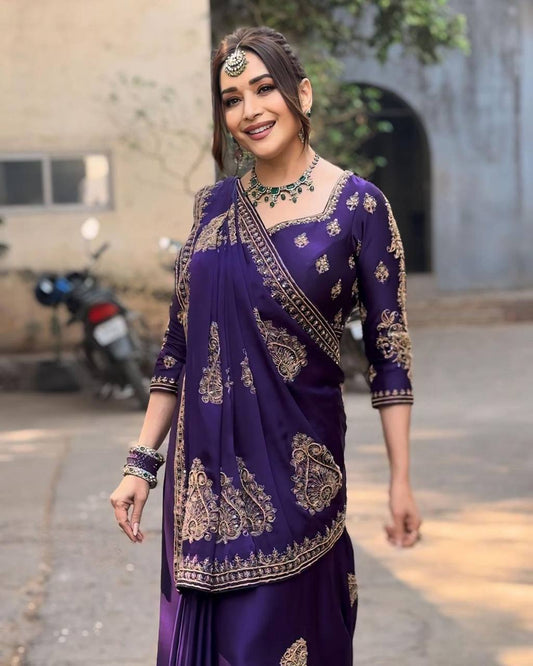 Classic Violet Color Georgette Sequence Thread Work Saree Blouse