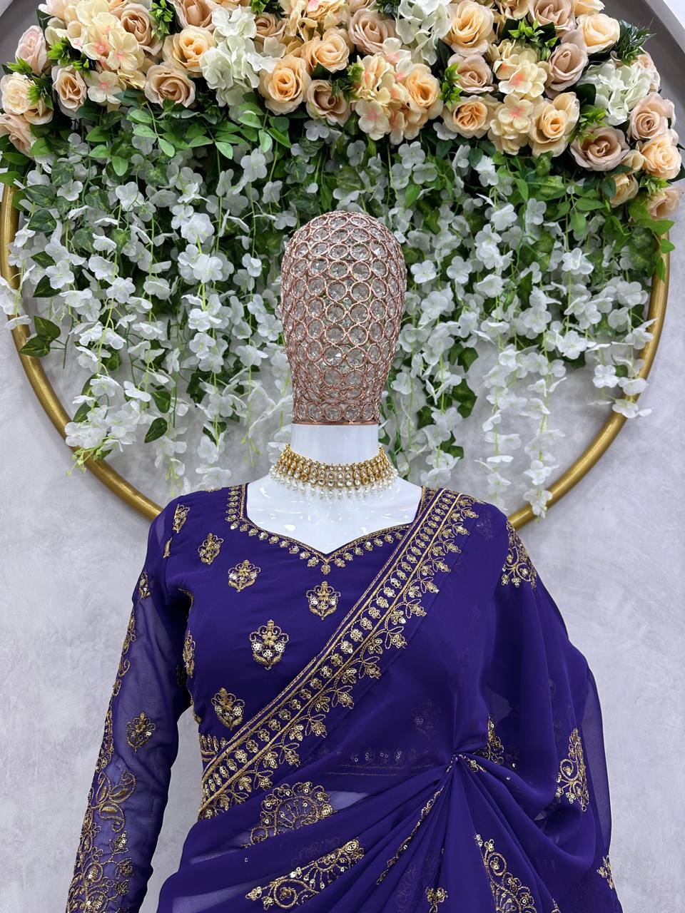 Classic Violet Color Georgette Sequence Thread Work Saree Blouse