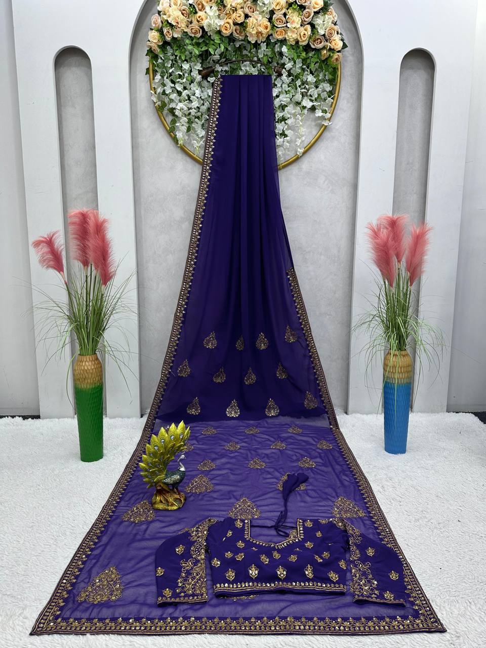 Classic Violet Color Georgette Sequence Thread Work Saree Blouse