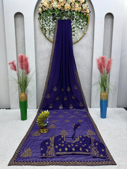 Classic Violet Color Georgette Sequence Thread Work Saree Blouse