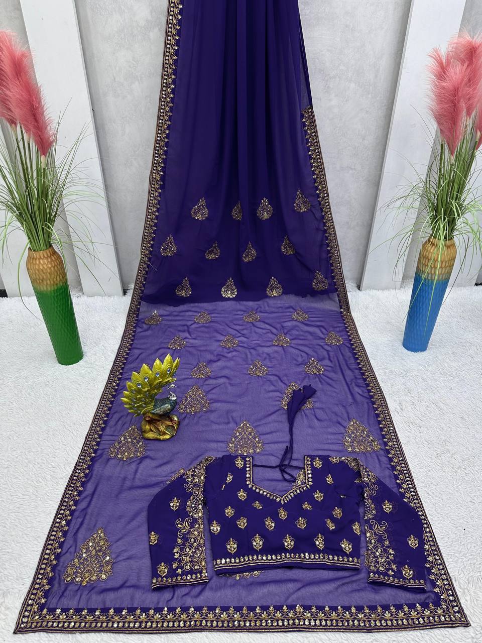 Classic Violet Color Georgette Sequence Thread Work Saree Blouse