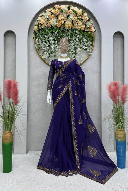 Classic Violet Color Georgette Sequence Thread Work Saree Blouse