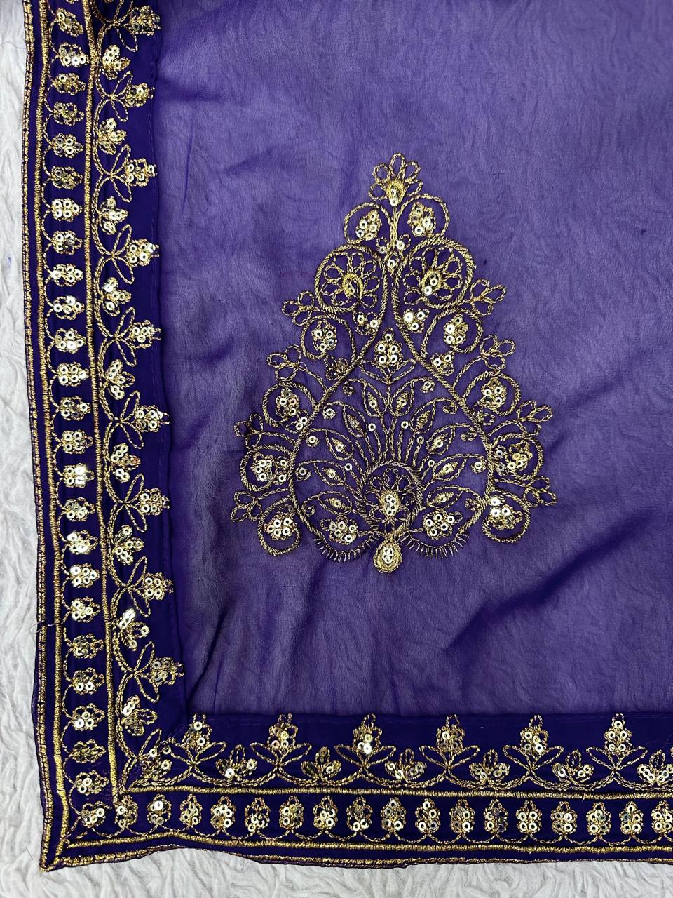 Classic Violet Color Georgette Sequence Thread Work Saree Blouse