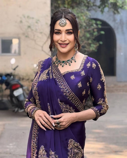 Classic Violet Color Georgette Sequence Thread Work Saree Blouse