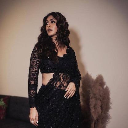 Black Color Net Sequence Thread Work Designer Saree Blouse