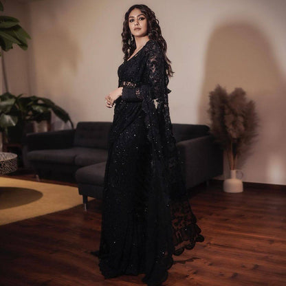 Black Color Net Sequence Thread Work Designer Saree Blouse