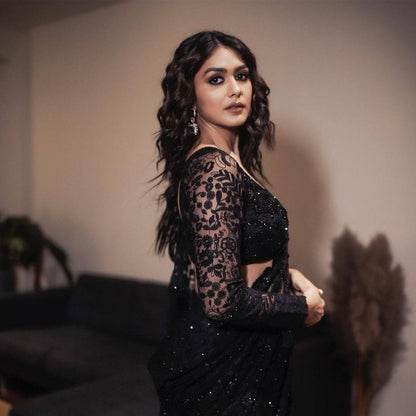 Black Color Net Sequence Thread Work Designer Saree Blouse