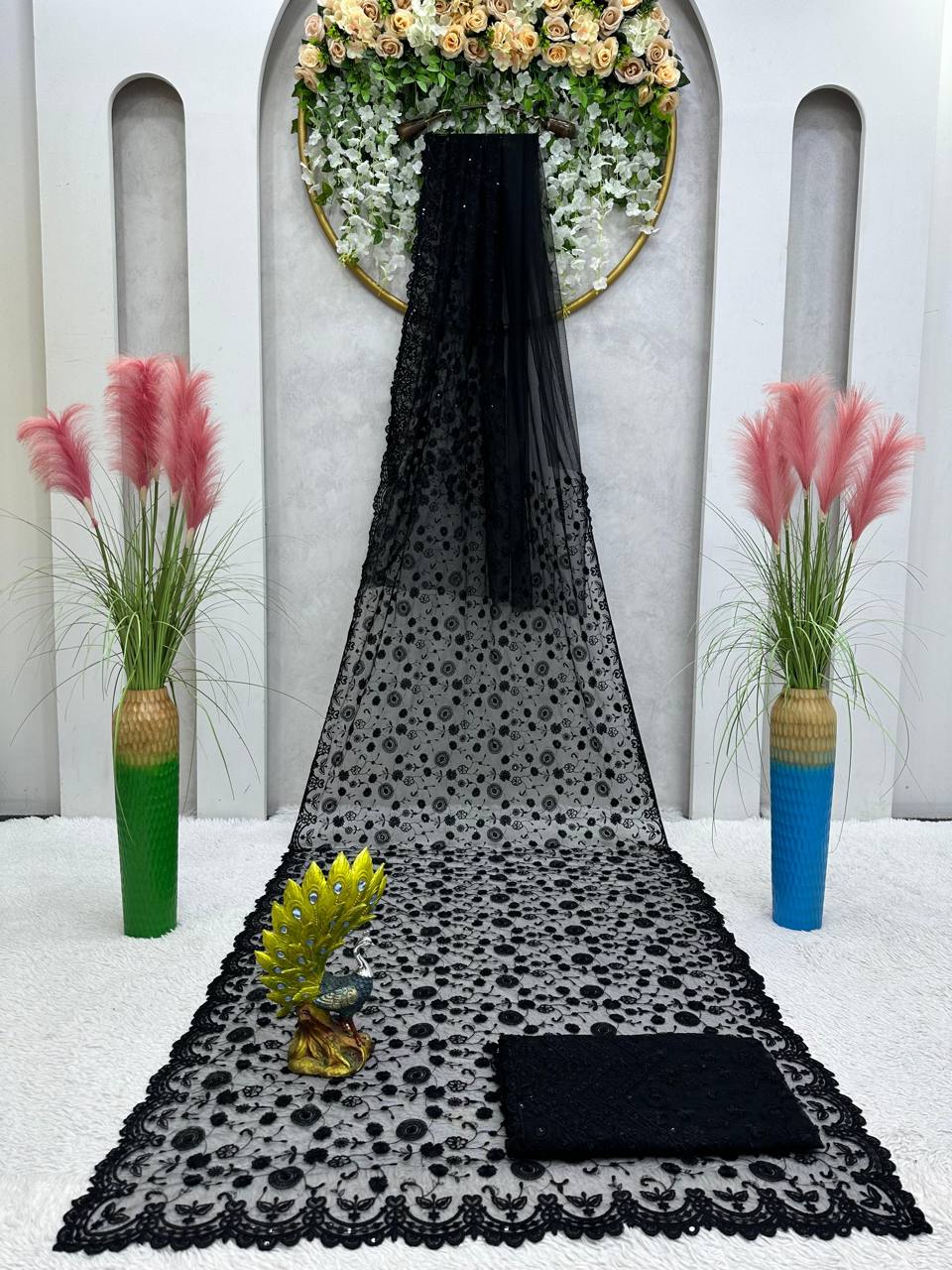 Black Color Net Sequence Thread Work Designer Saree Blouse