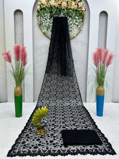 Black Color Net Sequence Thread Work Designer Saree Blouse