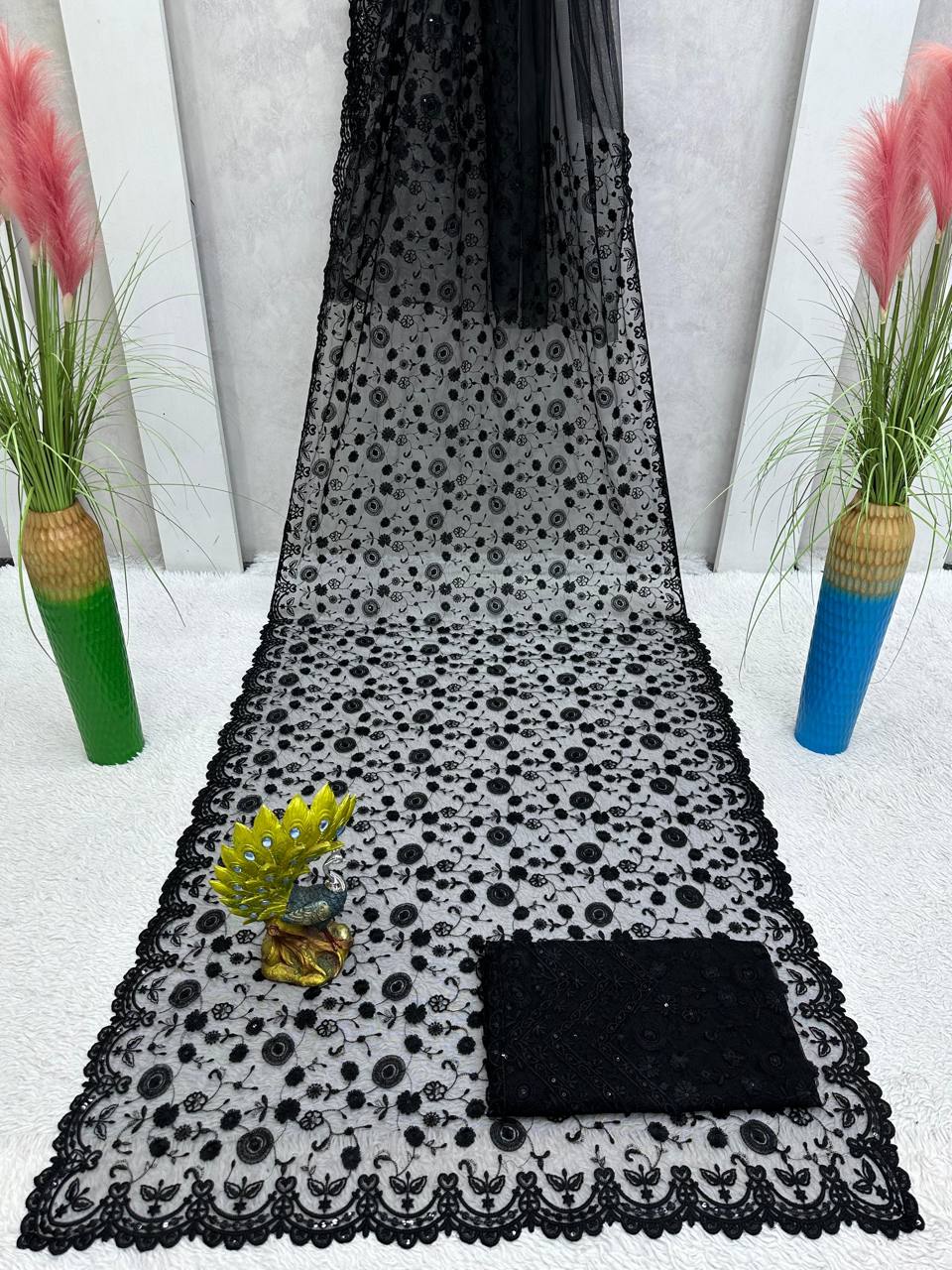 Black Color Net Sequence Thread Work Designer Saree Blouse