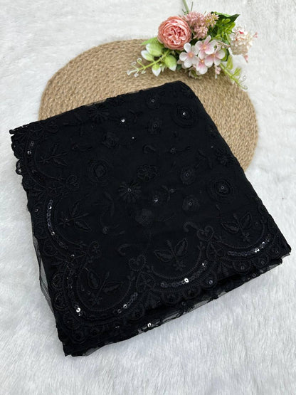 Black Color Net Sequence Thread Work Designer Saree Blouse