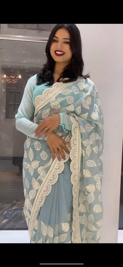Sky Blue Color Georgette Sequence Thread Work Party Wear Saree Blouse