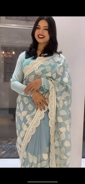 Sky Blue Color Georgette Sequence Thread Work Party Wear Saree Blouse