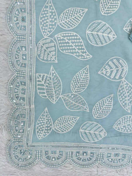 Sky Blue Color Georgette Sequence Thread Work Party Wear Saree Blouse