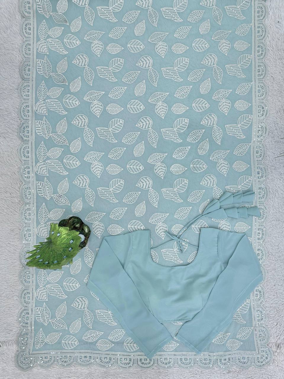 Sky Blue Color Georgette Sequence Thread Work Party Wear Saree Blouse