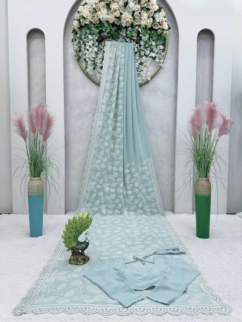 Sky Blue Color Georgette Sequence Thread Work Party Wear Saree Blouse