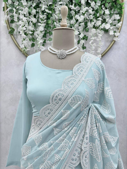 Sky Blue Color Georgette Sequence Thread Work Party Wear Saree Blouse