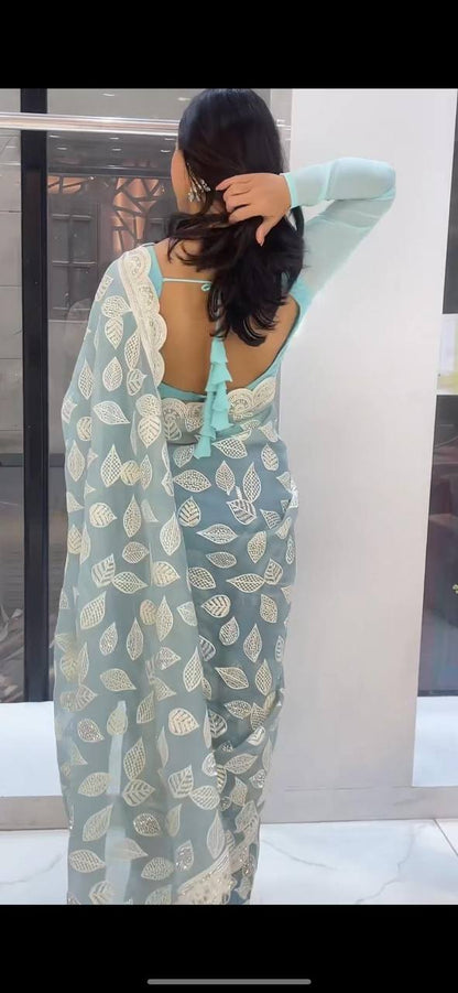 Sky Blue Color Georgette Sequence Thread Work Party Wear Saree Blouse