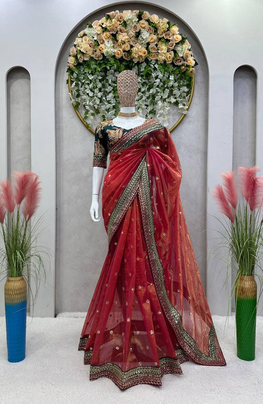 Light Orange Color Jimmy Choo Sequence Thread Work Saree Blouse