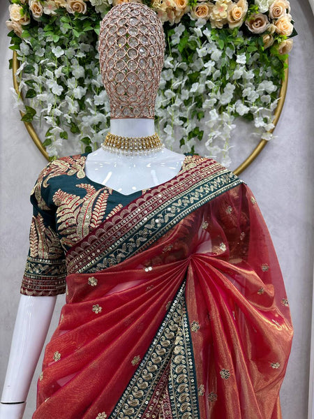 Light Orange Color Jimmy Choo Sequence Thread Work Saree Blouse