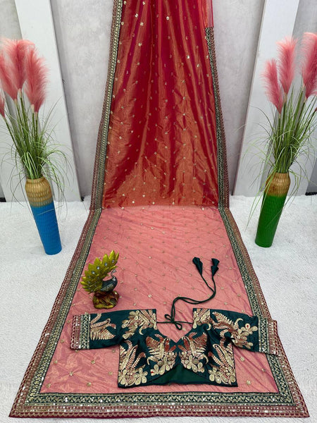 Light Orange Color Jimmy Choo Sequence Thread Work Saree Blouse