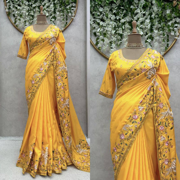 Party Wear Yellow Color Dola Silk Sequence Work Saree Blouse