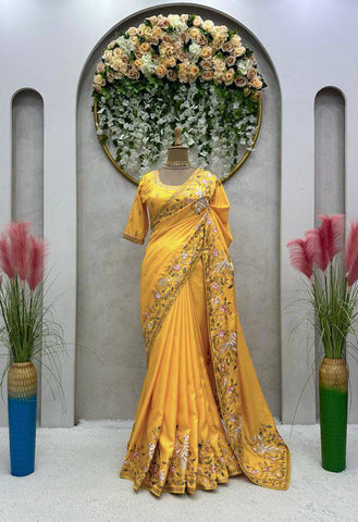 Party Wear Yellow Color Dola Silk Sequence Work Saree Blouse