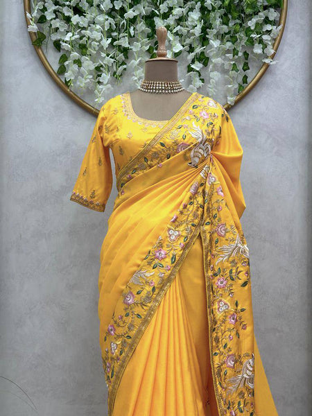 Party Wear Yellow Color Dola Silk Sequence Work Saree Blouse