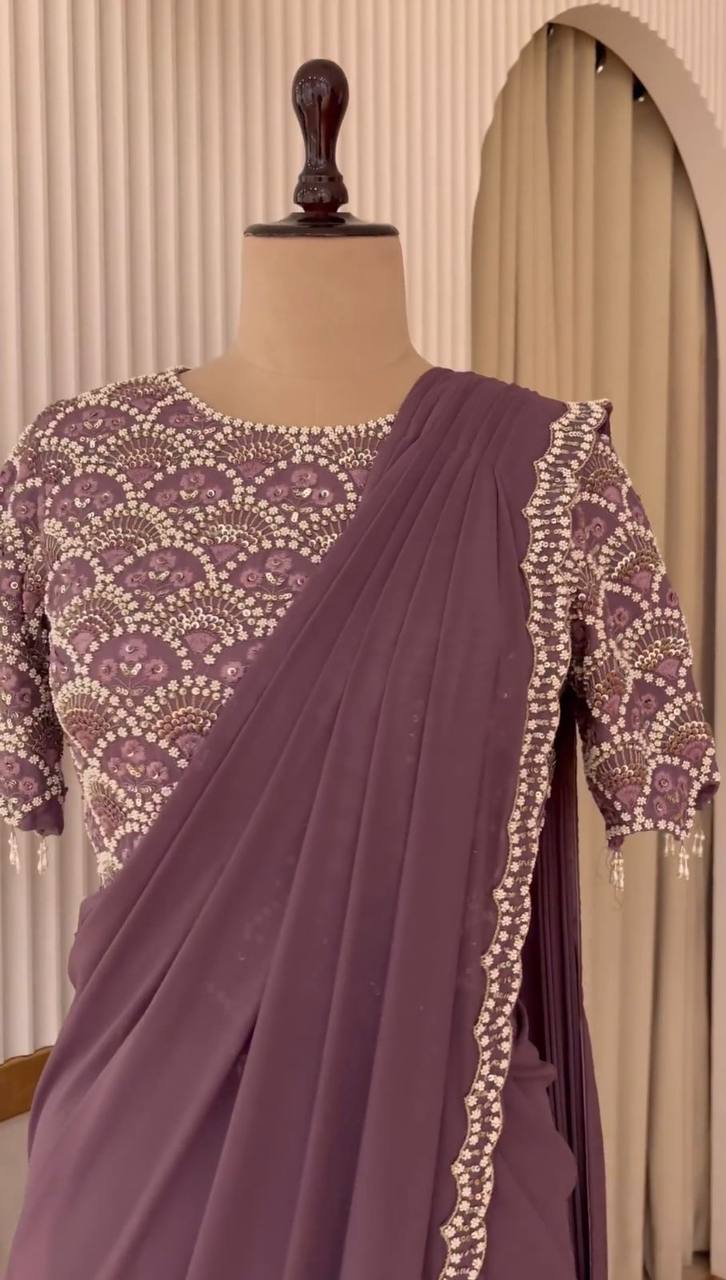 Designer Wine Color Georgette Ready to Wear Sequence Work Saree Blouse