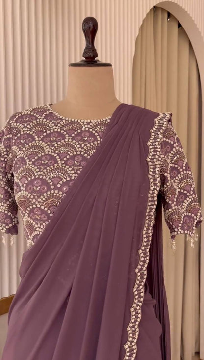 Designer Wine Color Georgette Ready to Wear Sequence Work Saree Blouse