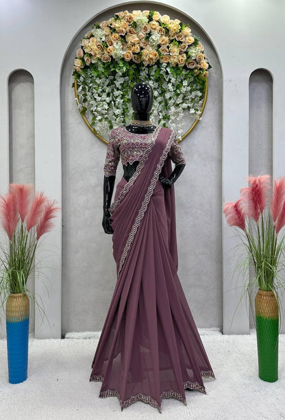Designer Wine Color Georgette Ready to Wear Sequence Work Saree Blouse