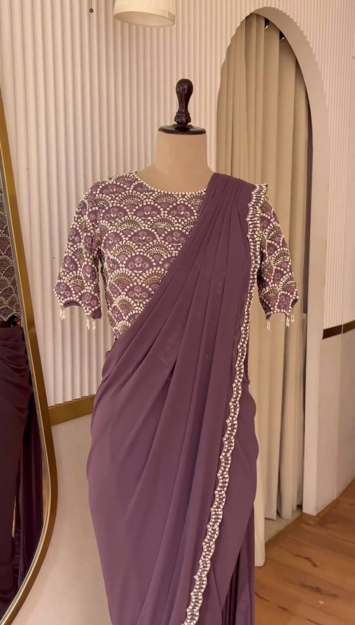 Designer Wine Color Georgette Ready to Wear Sequence Work Saree Blouse