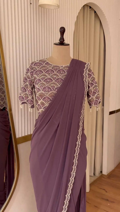 Designer Wine Color Georgette Ready to Wear Sequence Work Saree Blouse