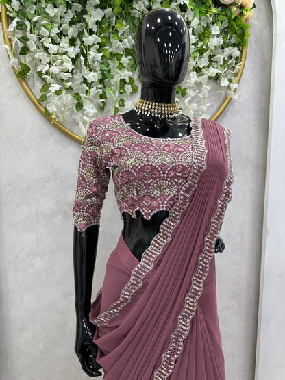 Designer Wine Color Georgette Ready to Wear Sequence Work Saree Blouse