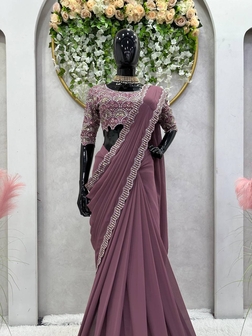 Designer Wine Color Georgette Ready to Wear Sequence Work Saree Blouse